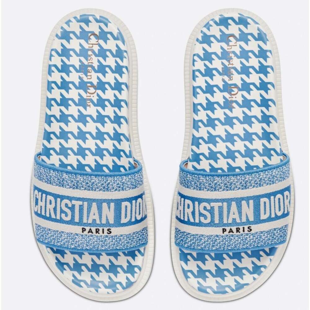 Christian Dior Dway Blue White Logo Houndstooth Slide Mule Flat Flop Sandal 37.5 - Picture 6 of 12